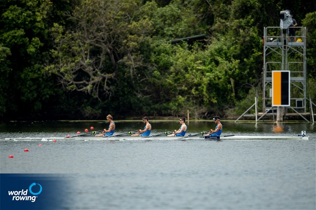 Matteo Mulas (b), Antonio Vicino, Patrick Rocek, Giovanni Borgonovo (s), Lightweight Men's Quadruple Sculls, Italy, 2021 World Rowing Cup III, Sabaudia, Italy / World Rowing/Benedict Tufnell