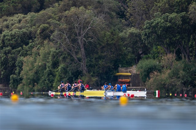 David Ambler (b), Matthew Matt Aldridge, Samuel Bannister, Samuel Sam Nunn (s), Men's Four, Great Britain, 2021 World Rowing Cup III, Sabaudia, Italy / World Rowing/Benedict Tufnell