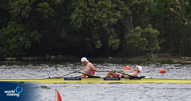 Barnabe Delarze (b), Roman Roeoesli (s), Men's Double Sculls, Switzerland, 2021 World Rowing Cup III, Sabaudia, Italy / Detlev Seyb/MyRowingPhoto.com