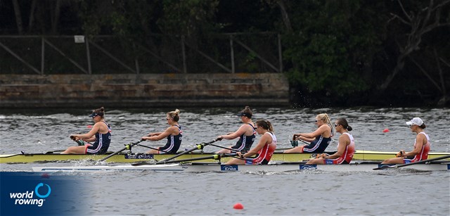 Lauren Irwin (b), Hope Cessford, Daisy Bellamy, Esme Booth (s), Women's Four, Great Britain, 2021 World Rowing Cup III, Sabaudia, Italy / Detlev Seyb/MyRowingPhoto.com