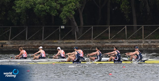 David Ambler (b), Matthew Matt Aldridge, Samuel Bannister, Samuel Sam Nunn (s), Men's Four, Great Britain, 2021 World Rowing Cup III, Sabaudia, Italy / Detlev Seyb/MyRowingPhoto.com