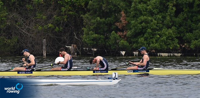 David Ambler (b), Matthew Matt Aldridge, Samuel Bannister, Samuel Sam Nunn (s), Men's Four, Great Britain, 2021 World Rowing Cup III, Sabaudia, Italy / Detlev Seyb/MyRowingPhoto.com