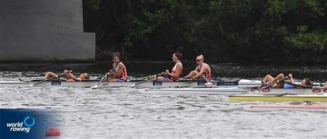 Agnieszka Kobus-Zawojska (b), Marta Wieliczko, Maria Sajdak, Katarzyna Zillmann (s), Women's Quadruple Sculls, Poland, 2021 World Rowing Cup III, Sabaudia, Italy / Detlev Seyb/MyRowingPhoto.com