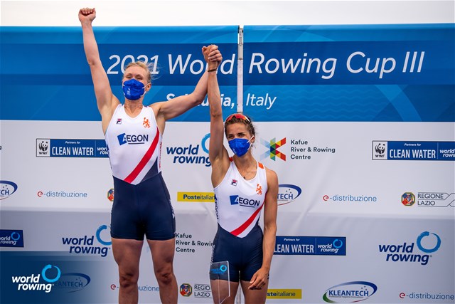 Roos De Jong (b), Lisa Scheenaard (s), Women's Double Sculls, Netherlands, 2021 World Rowing Cup III, Sabaudia, Italy / World Rowing/Benedict Tufnell