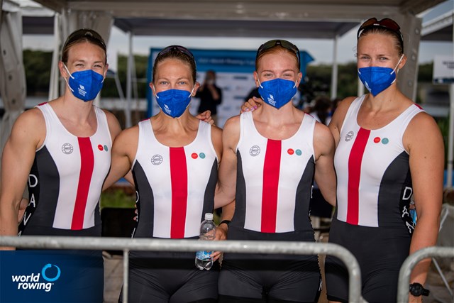 Ida Jacobsen (b), Trine Dahl Pedersen, Frida Sanggaard Nielsen, Christina Johansen (s), Women's Four, Denmark, 2021 World Rowing Cup III, Sabaudia, Italy / World Rowing/Benedict Tufnell