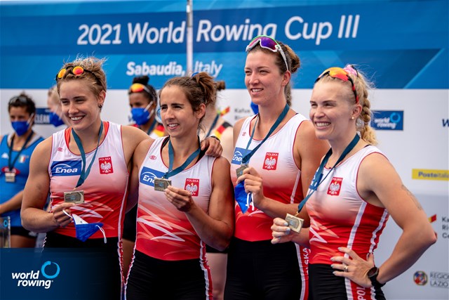 Agnieszka Kobus-Zawojska (b), Marta Wieliczko, Maria Sajdak, Katarzyna Zillmann (s), Women's Quadruple Sculls, Poland, 2021 World Rowing Cup III, Sabaudia, Italy / World Rowing/Benedict Tufnell