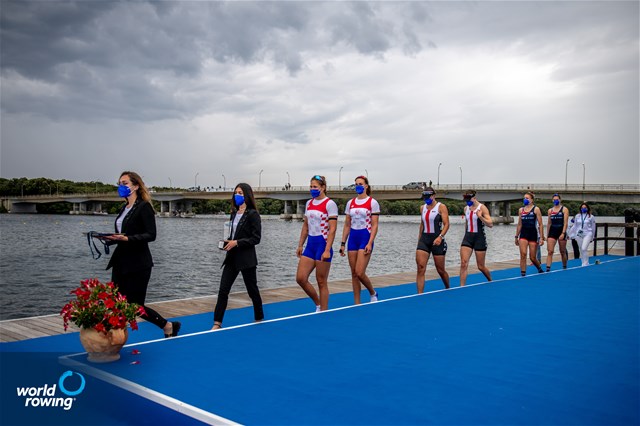 Hedvig Laerke Berg Rasmussen (b), Fie Udby Erichsen (s), Denmark, gold, Ivana Jurkovic (b), Josipa Jurkovic (s), Women's Pair, Croatia, silver, Susannah Susie Dear (b), Samantha Sam Redgrave (s), Great Britain, bronze, Women's Pair, 2021 World Rowing Cup III, Sabaudia, Italy / World Rowing/Benedict Tufnell