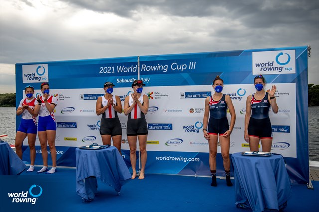 Hedvig Laerke Berg Rasmussen (b), Fie Udby Erichsen (s), Denmark, gold, Ivana Jurkovic (b), Josipa Jurkovic (s), Women's Pair, Croatia, silver, Susannah Susie Dear (b), Samantha Sam Redgrave (s), Great Britain, bronze, Women's Pair, 2021 World Rowing Cup III, Sabaudia, Italy / World Rowing/Benedict Tufnell