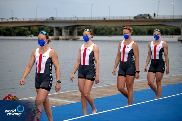 Ida Jacobsen (b), Trine Dahl Pedersen, Frida Sanggaard Nielsen, Christina Johansen (s), Women's Four, Denmark, 2021 World Rowing Cup III, Sabaudia, Italy / World Rowing/Benedict Tufnell