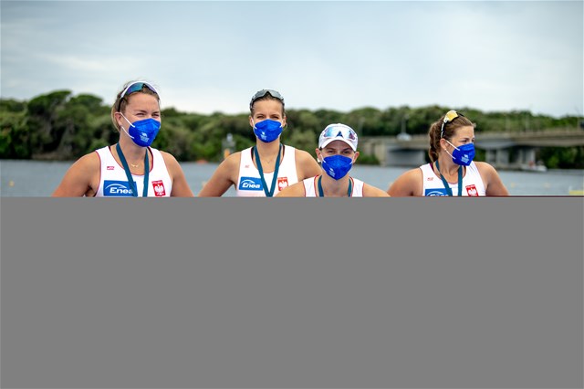 Mateusz Wilangowski (b), Mikolaj Burda, Marcin Brzezinski, Michal Szpakowski (s), Men's Four, Poland, 2021 World Rowing Cup III, Sabaudia, Italy / World Rowing/Benedict Tufnell
