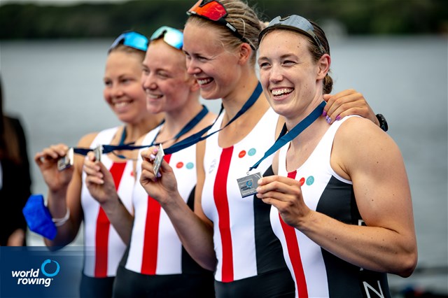 Ida Jacobsen (b), Trine Dahl Pedersen, Frida Sanggaard Nielsen, Christina Johansen (s), Women's Four, Denmark, 2021 World Rowing Cup III, Sabaudia, Italy / World Rowing/Benedict Tufnell