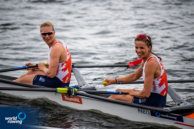 Roos De Jong (b), Lisa Scheenaard (s), Women's Double Sculls, Netherlands, 2021 World Rowing Cup III, Sabaudia, Italy / World Rowing/Benedict Tufnell