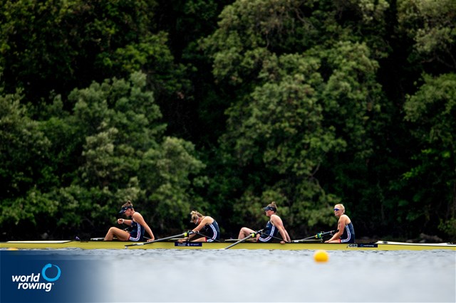 Lauren Irwin (b), Hope Cessford, Daisy Bellamy, Esme Booth (s), Women's Four, Great Britain, 2021 World Rowing Cup III, Sabaudia, Italy / World Rowing/Benedict Tufnell
