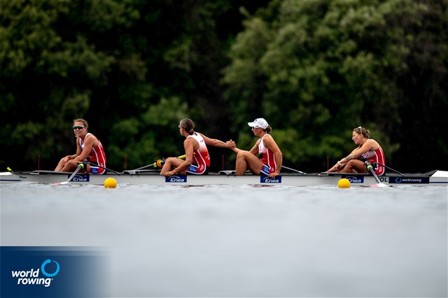 Maria Wierzbowska (b), Olga Michalkiewicz, Monika Chabel, Joanna Dittmann (s), Women's Four, Poland, 2021 World Rowing Cup III, Sabaudia, Italy / World Rowing/Benedict Tufnell
