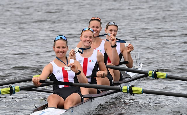Ida Jacobsen (b), Trine Dahl Pedersen, Frida Sanggaard Nielsen, Christina Johansen (s), Women's Four, Denmark, 2021 World Rowing Cup III, Sabaudia, Italy / Detlev Seyb/MyRowingPhoto.com