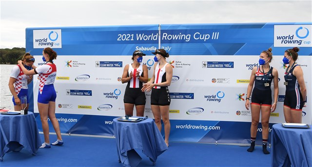 Hedvig Laerke Berg Rasmussen (b), Fie Udby Erichsen (s), Denmark, gold, Ivana Jurkovic (b), Josipa Jurkovic (s), Women's Pair, Croatia, silver, Susannah Susie Dear (b), Samantha Sam Redgrave (s), Great Britain, bronze, Women's Pair, 2021 World Rowing Cup III, Sabaudia, Italy / Detlev Seyb/MyRowingPhoto.com