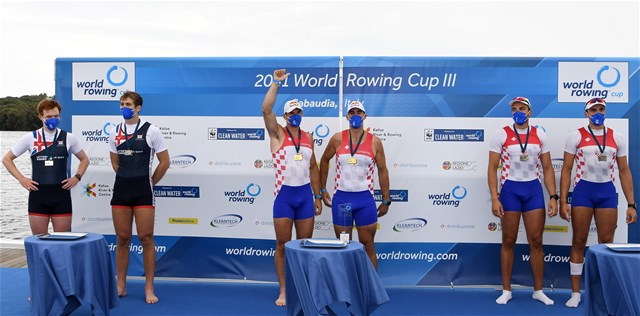 Martin Sinkovic (b), Valent Sinkovic (s), Croatia, gold, Calvin Tarczy (b), Douwe De Graaf (s), Great Britain, silver, Patrik Loncaric (b), Anton Loncaric (s), Croatia, bronze, Men's Pair, 2021 World Rowing Cup III, Sabaudia, Italy / Detlev Seyb/MyRowingPhoto.com