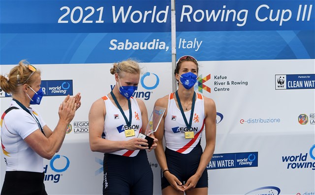 Roos De Jong (b), Lisa Scheenaard (s), Women's Double Sculls, Netherlands, 2021 World Rowing Cup III, Sabaudia, Italy / Detlev Seyb/MyRowingPhoto.com