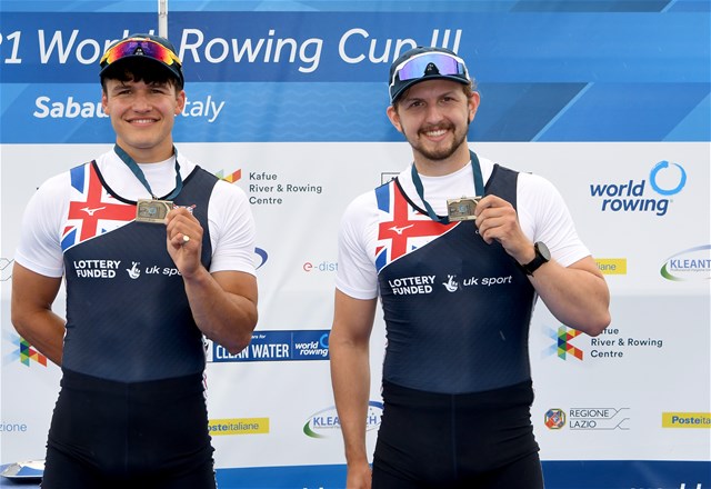 Victor Kleshnev (b), Rory Harris (s), Men's Double Sculls, Great Britain, 2021 World Rowing Cup III, Sabaudia, Italy / Detlev Seyb/MyRowingPhoto.com