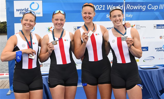Ida Jacobsen (b), Trine Dahl Pedersen, Frida Sanggaard Nielsen, Christina Johansen (s), Women's Four, Denmark, 2021 World Rowing Cup III, Sabaudia, Italy / Detlev Seyb/MyRowingPhoto.com