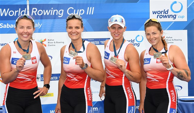 Maria Wierzbowska (b), Olga Michalkiewicz, Monika Chabel, Joanna Dittmann (s), Women's Four, Poland, 2021 World Rowing Cup III, Sabaudia, Italy / Detlev Seyb/MyRowingPhoto.com