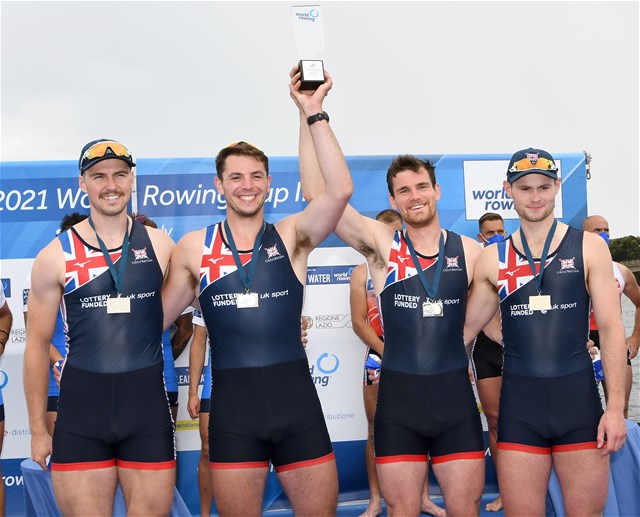 David Ambler (b), Matthew Matt Aldridge, Samuel Bannister, Samuel Sam Nunn (s), Men's Four, Great Britain, 2021 World Rowing Cup III, Sabaudia, Italy / Detlev Seyb/MyRowingPhoto.com