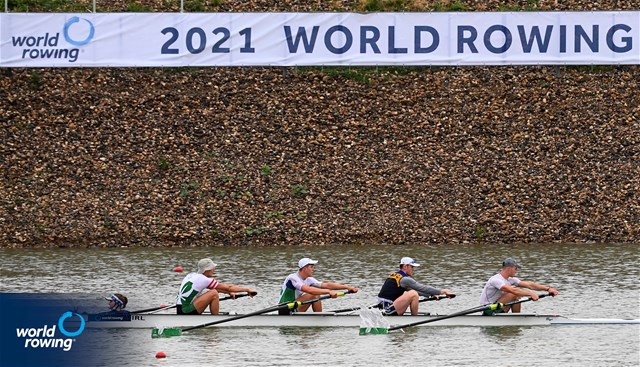 O Reilly Fionn (b), Adam Murphy, Ryan Spelman, Andrew Sheehan (s), Leah O Regan (c), Men's Coxed Four, Ireland, 2021 World Rowing Under 23 Championships, Racice, Czech Republic / Detlev Seyb/MyRowingPhoto.com