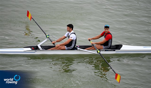 Ander Martin (b), Gonzalo Garcia Ferrero (s), Men's Pair, Spain,  2021 World Rowing Under 23 Championships, Racice, Czech Republic / Detlev Seyb/MyRowingPhoto.com
