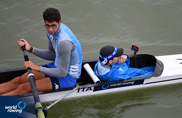 Davide Verita' (b), Filippo Wiesenfeld (c), Men's Coxed Four, Italy, 2021 World Rowing Under 23 Championships, Racice, Czech Republic / Detlev Seyb/MyRowingPhoto.com