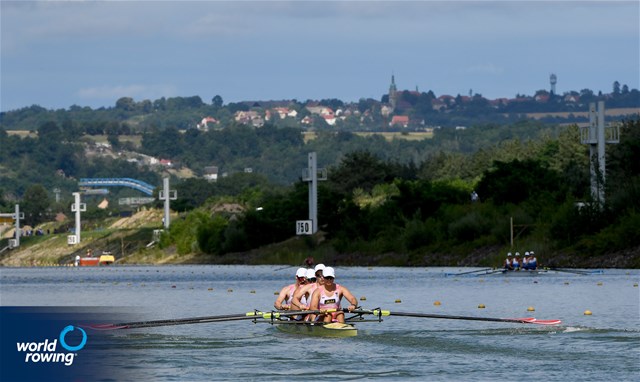 Adrian Reininger (b), Michal Karlovsky, Vitus Haider, David Suckert (s), Men's Four, Austria, 2021 World Rowing Under 23 Championships, Racice, Czech Republic / Detlev Seyb/MyRowingPhoto.com