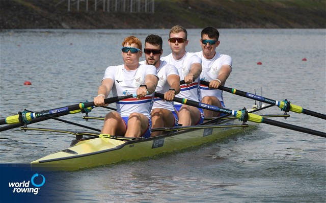 Daniel Graham (b), Matthew Rowe, Henry Blois-Brooke, Iwan Hadfield (s), Men's Four, Great Britain, 2021 World Rowing Under 23 Championships, Racice, Czech Republic / Detlev Seyb/MyRowingPhoto.com