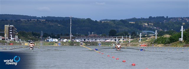 Benjamin Nelles (b), Johannes Neubauer (s), Germany, Manuel Fernandez  Antri (b), Roberto Liewald (s), Lightweight Men's Pair, Chile, 2021 World Rowing Under 23 Championships, Racice, Czech Republic / Detlev Seyb/MyRowingPhoto.com