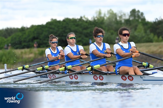 Sara Borghi (b), Lucrezia Baudino, Gaia Colasante, Vittoria Tonoli (s), Women's Quadruple Sculls, Italy, 2021 World Rowing Under 23 Championships, Racice, Czech Republic / Detlev Seyb/MyRowingPhoto.com