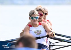 Mariia Rakova (b), Daria Serova, Nataliia Kholopova, Sofiia Ozhereleva (s), Women's Four, Russia, 2021 World Rowing Under 23 Championships, Racice, Czech Republic / Detlev Seyb/MyRowingPhoto.com