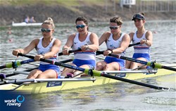 Amelia Standing (b), Holly Dunford, Lettice Cabot, Daisy Bellamy (s), Women's Four, Great Britain, 2021 World Rowing Under 23 Championships, Racice, Czech Republic / Detlev Seyb/MyRowingPhoto.com