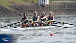Shaiane Ucker (b), Maria Clara Araujo Lewenkopf, Mariana Macedo, Evelen Cardoso (s), Women's Four, Brazil, 2021 World Rowing Under 23 Championships, Racice, Czech Republic / Detlev Seyb/MyRowingPhoto.com
