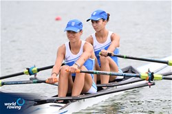 Eleni Varelopoulou (b), Eirini Varelopoulou (s), Lightweight Women's Double Sculls, Greece, 2021 World Rowing Under 23 Championships, Racice, Czech Republic / Detlev Seyb/MyRowingPhoto.com