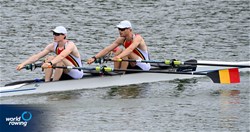 Marlon Colpaert (b), Tibo Vyvey (s), Lightweight Men's Double Sculls, Belgium, 2021 World Rowing Under 23 Championships, Racice, Czech Republic / Detlev Seyb/MyRowingPhoto.com