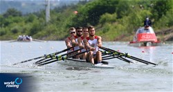 Vladimir Lavrentev (b), Aleksandr Kovalskii, Anton Vasin, Maksim Zhevlachenko (s), Men's Quadruple Sculls, Russia, 2021 World Rowing Under 23 Championships, Racice, Czech Republic / Detlev Seyb/MyRowingPhoto.com