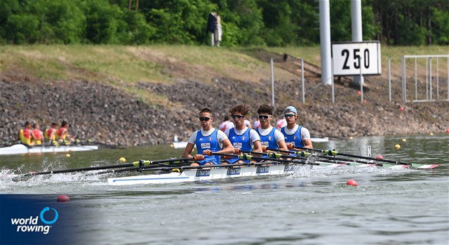 Nicolo' Carucci (b), Leonardo Tedoldi, Matteo Sartori, Pietro Cangialosi (s), Men's Quadruple Sculls, Italy, 2021 World Rowing Under 23 Championships, Racice, Czech Republic / Detlev Seyb/MyRowingPhoto.com