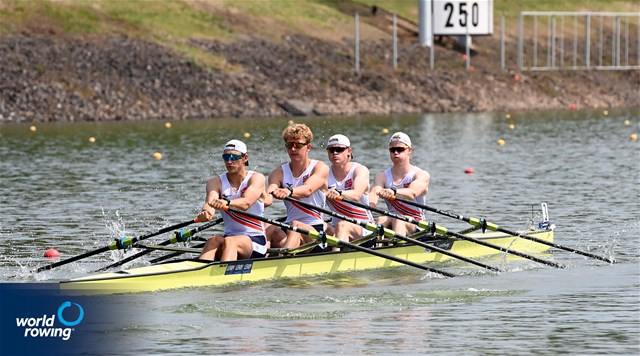Fredrik Reite (b), Andreas Dugstad Soerskaar, Syvert Senumstad, Jonathan Wang-Norderud (s), Men's Quadruple Sculls, Norway, 2021 World Rowing Under 23 Championships, Racice, Czech Republic / Detlev Seyb/MyRowingPhoto.com