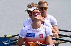 Krzysztof Kasparek (b), Konrad Domanski, Bartosz Bartkowski, Cezary Litka (s), Men's Quadruple Sculls, Poland, 2021 World Rowing Under 23 Championships, Racice, Czech Republic / Detlev Seyb/MyRowingPhoto.com