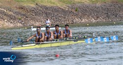 Ignacio Daniel Pacheco (b), Franco Calvo, Agustin Matias Scenna, Lautaro Barrios (s), Men's Quadruple Sculls, Argentina, 2021 World Rowing Under 23 Championships, Racice, Czech Republic / Detlev Seyb/MyRowingPhoto.com
