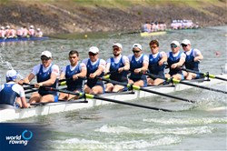 William Bender (b), Nicholas Rusher, Jacob Hudgins, Kenneth Coplan, Peter Chatain, Griffin Dunne, Rhett Burns, Augustine Rodriguez (s), Sydney Edwards (c), Men's Eight, United States of America, 2021 World Rowing Under 23 Championships, Racice, Czech Republic / Detlev Seyb/MyRowingPhoto.com