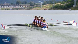 Igor Martinovic (b), Marko Markovic, Slavko Savic, Ranko Samardzija, Nikola Kolarevic, Boris Dimitrijevic, Todor Stankovic, Marko Duranovic (s), Aleksa Dimitrijevic (c), Men's Eight, Serbia, 2021 World Rowing Under 23 Championships, Racice, Czech Republic / Detlev Seyb/MyRowingPhoto.com