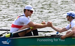 Jasper Angl (s), Till Martini (c), Men's Eight, Germany, 2021 World Rowing Under 23 Championships, Racice, Czech Republic / Detlev Seyb/MyRowingPhoto.com