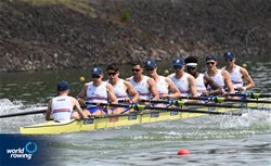 Noah Norman (b), Miles Beeson, Simon Nunayon, Tobias Schroder, Felix Drinkall, Callum Sullivan, Joshua Bowesman-Jones, Michael Dalton (s), Scott Cockle (c), Men's Eight, Great Britain, 2021 World Rowing Under 23 Championships, Racice, Czech Republic / Detlev Seyb/MyRowingPhoto.com