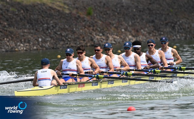 Noah Norman (b), Miles Beeson, Simon Nunayon, Tobias Schroder, Felix Drinkall, Callum Sullivan, Joshua Bowesman-Jones, Michael Dalton (s), Scott Cockle (c), Men's Eight, Great Britain, 2021 World Rowing Under 23 Championships, Racice, Czech Republic / Detlev Seyb/MyRowingPhoto.com