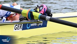 Annalena Fisch (c), Women's Coxed Four, Germany, 2021 World Rowing Under 23 Championships, Racice, Czech Republic / Detlev Seyb/MyRowingPhoto.com