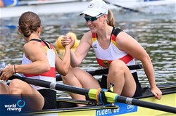 Maike Boettcher, Magdalena Rabl, Women's Coxed Four, Germany, 2021 World Rowing Under 23 Championships, Racice, Czech Republic / Detlev Seyb/MyRowingPhoto.com